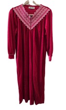 VTG Anne Leslie Red Wine Velour Long Dress House Coat 1/2 Zip Embroidered USA L