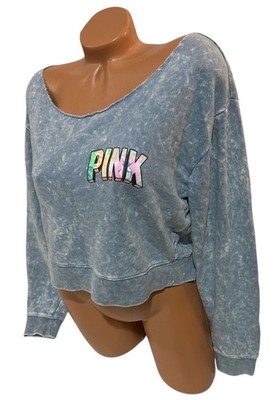 Victorias Secret PINK Cropped Sweater Off The Shoulder Dye Floral Logo Size M