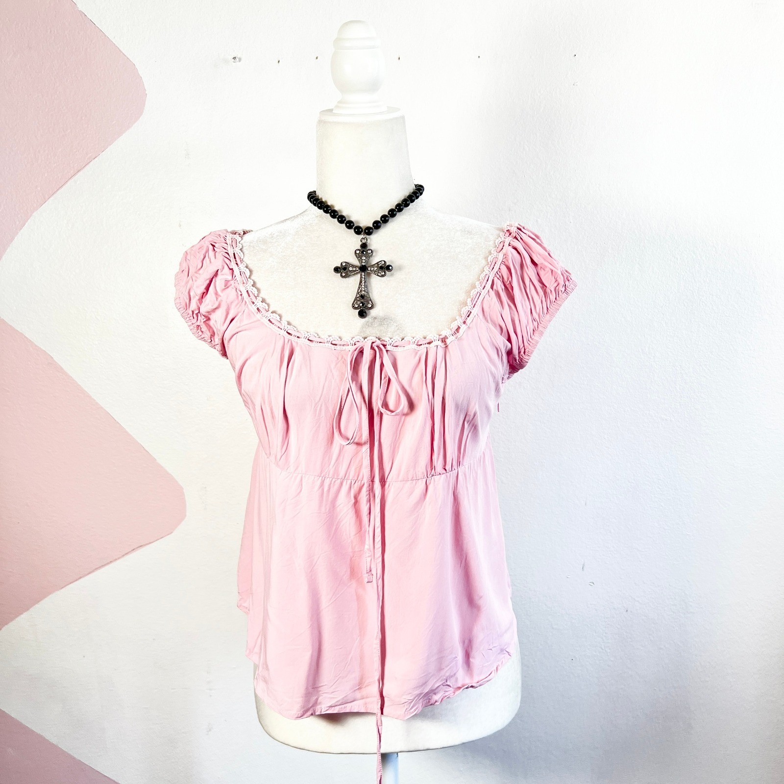 Pink Babydoll Top Sz Small Lace Trim Ruffles Coquette Milkmaid Dainty Ethereal