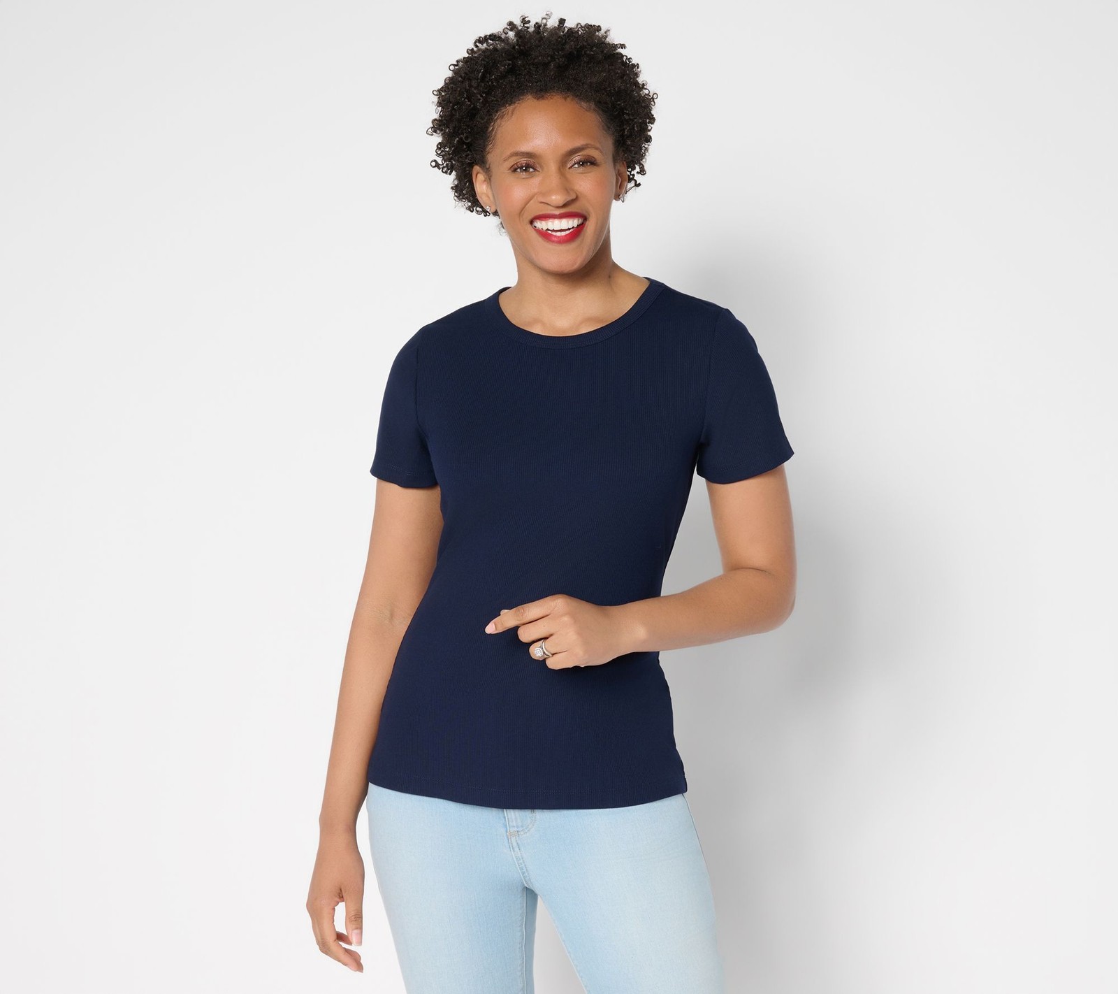 Susan Graver Women's Top Sz M Every Day Rib Knit Short-Sleeve Blue A692154
