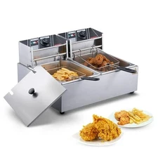 KFFKFF 5000W Dual Basket Commercial Deep Fryer Stainless Steel 10L+10L Oil