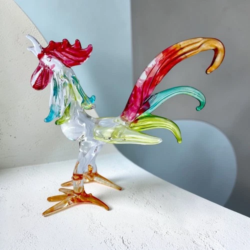 4.5" Hand Blown Art Glass Rooster Figurine – Murano Style Colorful Sculpture