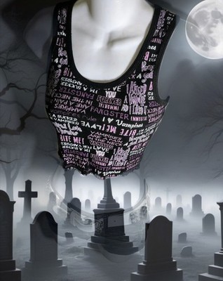 Vtg Y2K Vampire AOP Tank Top Goth Emo Scene Bite Me Grunge Crop Baby Tee T 
