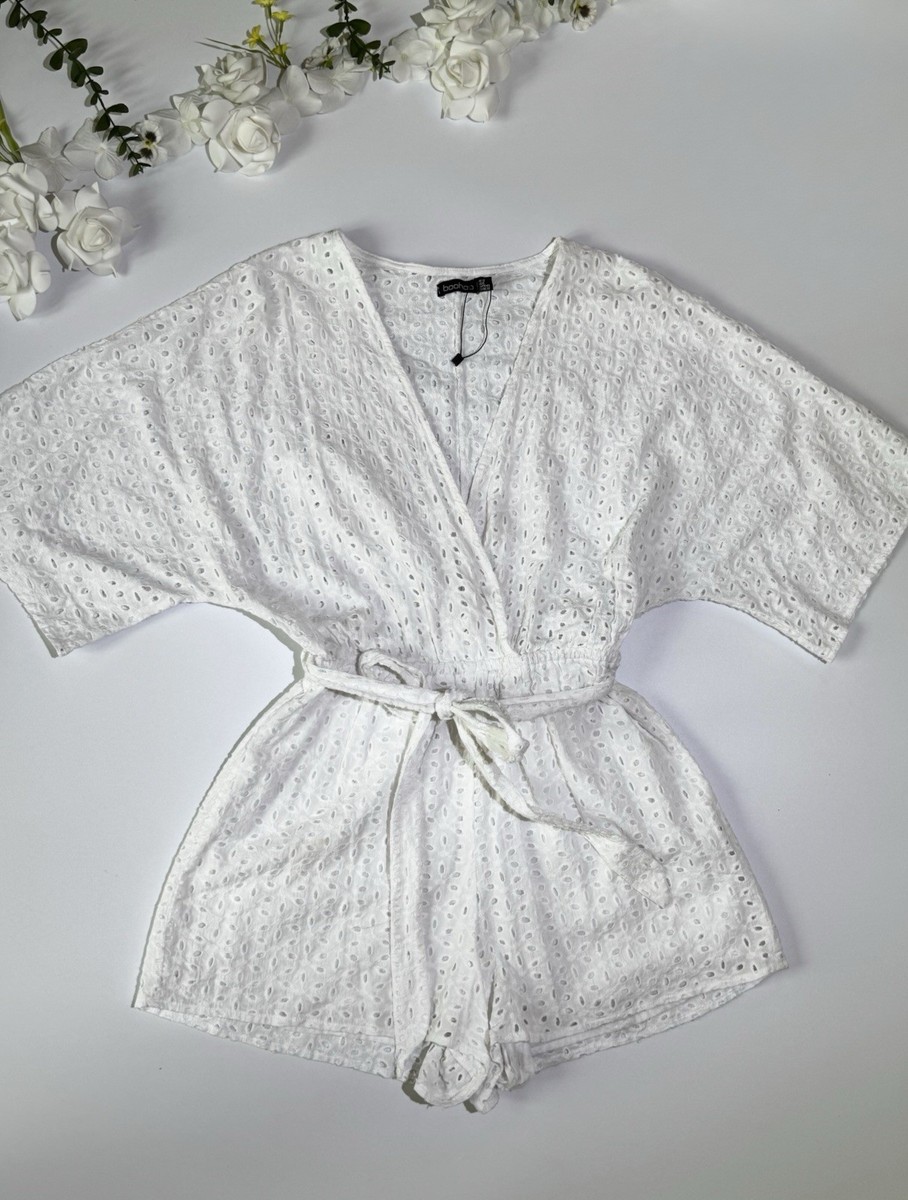 Boohoo White Lace Romper short v-neck Summer Jumpsuit Size Uk 12