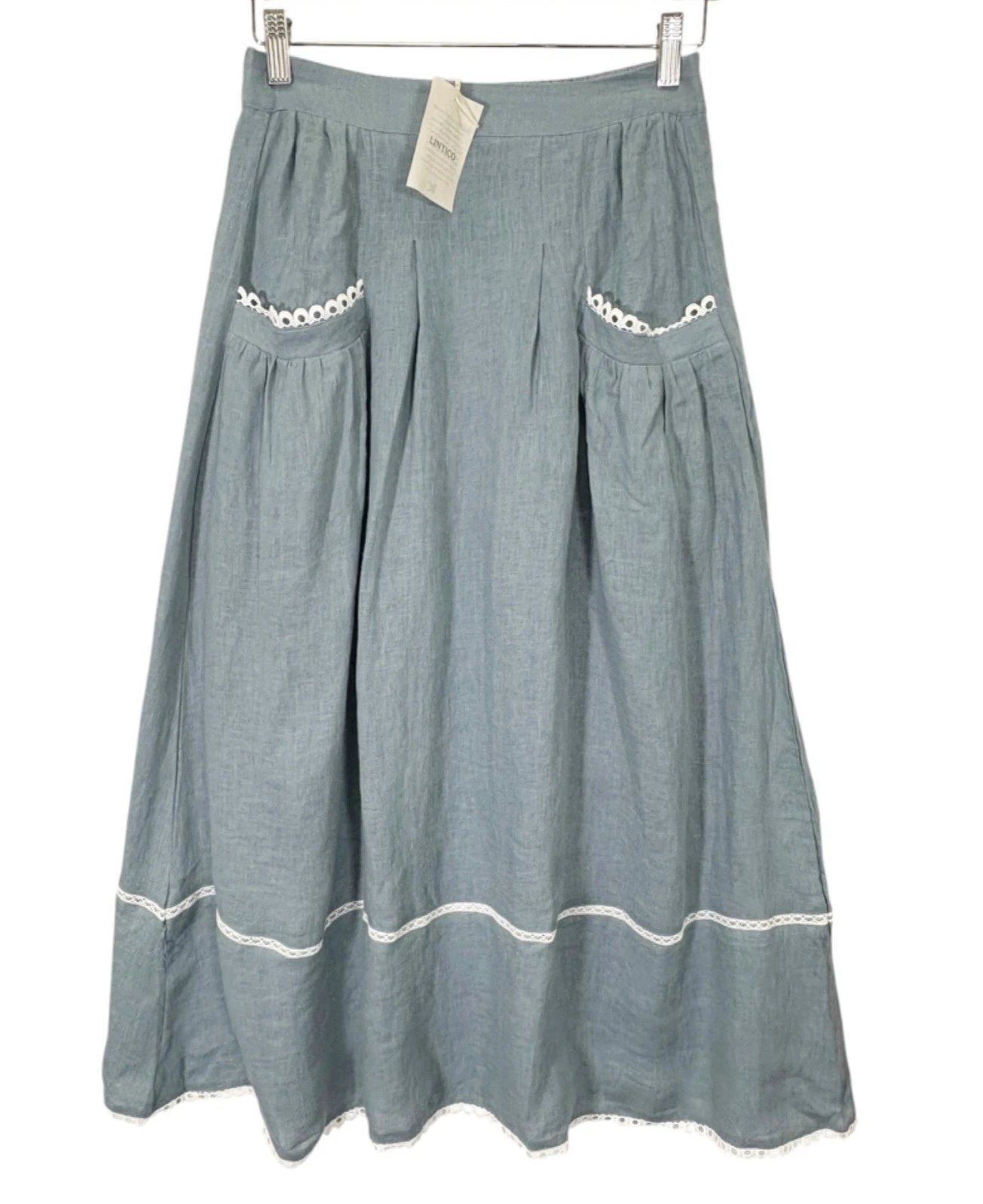 Lintico Fenla Midi Skirt Size Small Womens Blue Linen Lace Up Pocket Cottagecore
