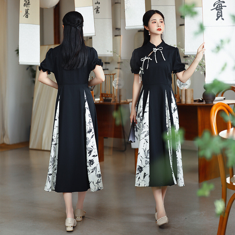 Lady Cheongsam Dress Retro Splicing Qipao Big Swing Gothic Chinese