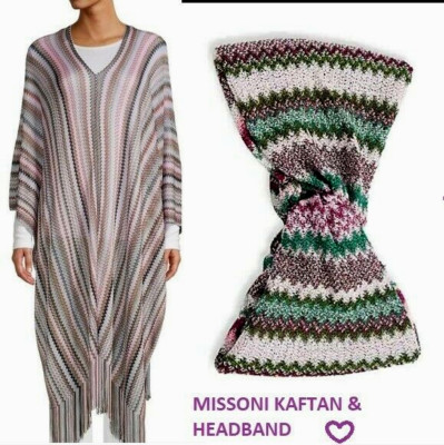 $650 MISSONI ORNG LBL FAB VIBRANT ZIG-ZAG SET KAFTAN SWIM COVER-UP HEADBAND NWT