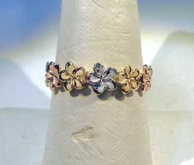 5,5 MM MASSIVER 14K TRICOLOR GOLD AUSGEFALLENER PINSEL SATIN HAWAII 9 PLUMERIA BLUME RING