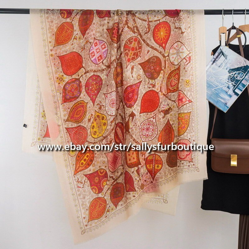Sallys 200s Cashmere Thin Scarf Wrap Shawl Leaves Print Soft