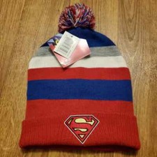 Superman Beanie Hat Pom Striped DC Comics Acrylic One Size New