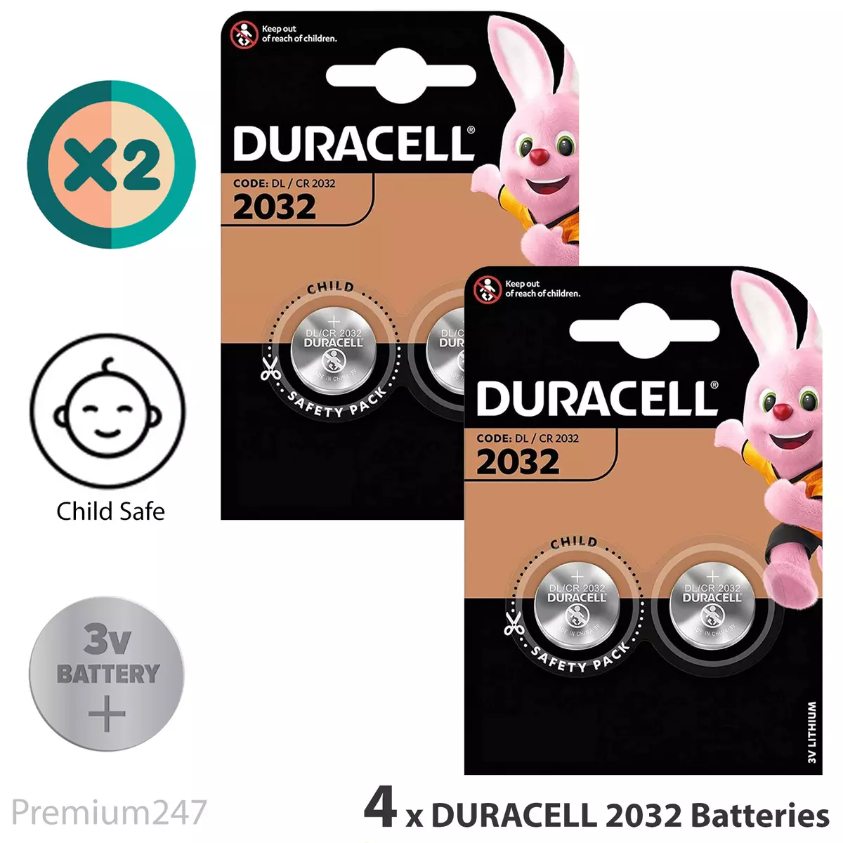 2 X Duracell CR2032 3V Lithium Button Battery Coin Cell DL/CR 2032