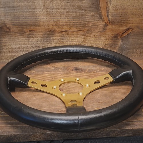 Vtg Dino Racing Steering Wheel Italy Nuova Raid Gold Tone Alloy & Black Leather - Imagen 7 de 21