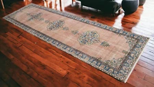 Vintage Distressed Runner Pale Rug Hand Knotted FADED Oushak Rug 3'1" x 10'8"
