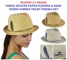 C.C Unisex Weaved Paper Feather & Band Spring Summer Trilby Fedora Hat