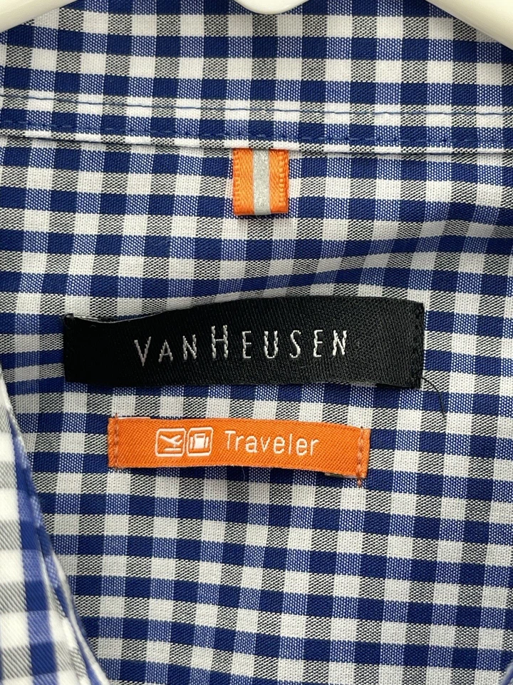Van Heusen Traveler Button Up Shirt Mens Sz Small 14-14.5 Blue Check Long Sleeve - Image 4 of 4