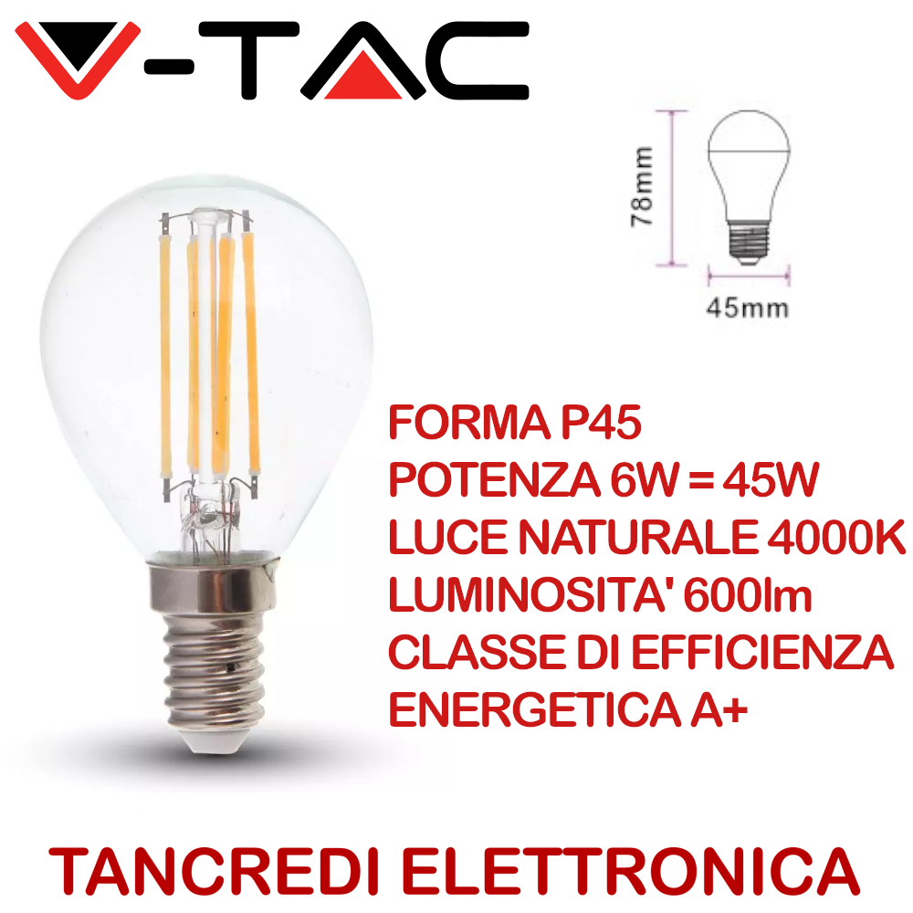V-TAC VT-2466 2846 Lampadina LED E14 6W Filamento Vetro P45 naturale 4000K