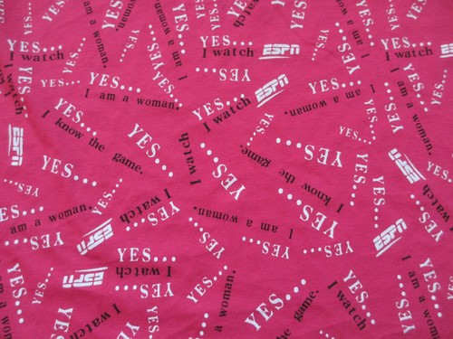 Pink Stretch Knit Fabric Yes I Watch ESPN I Am A Woman 2 Yards - Picture 3 of 5
