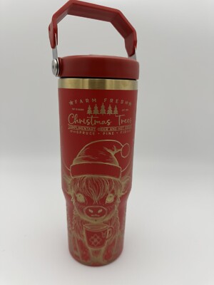 Festive Highland Cow at Christmas Tree Farm Laser Engrave 30oz Insulated Tumbler