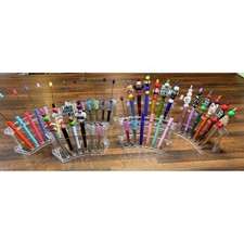 Large lot of beaded pens with stands.  Some completed projects, some blank.