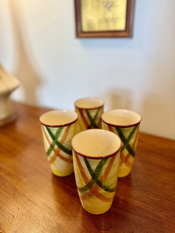 Vasos de cerámica MCM Vernonware caseros de guinga otoño - Raro juego de 4 Foto 2 de 2