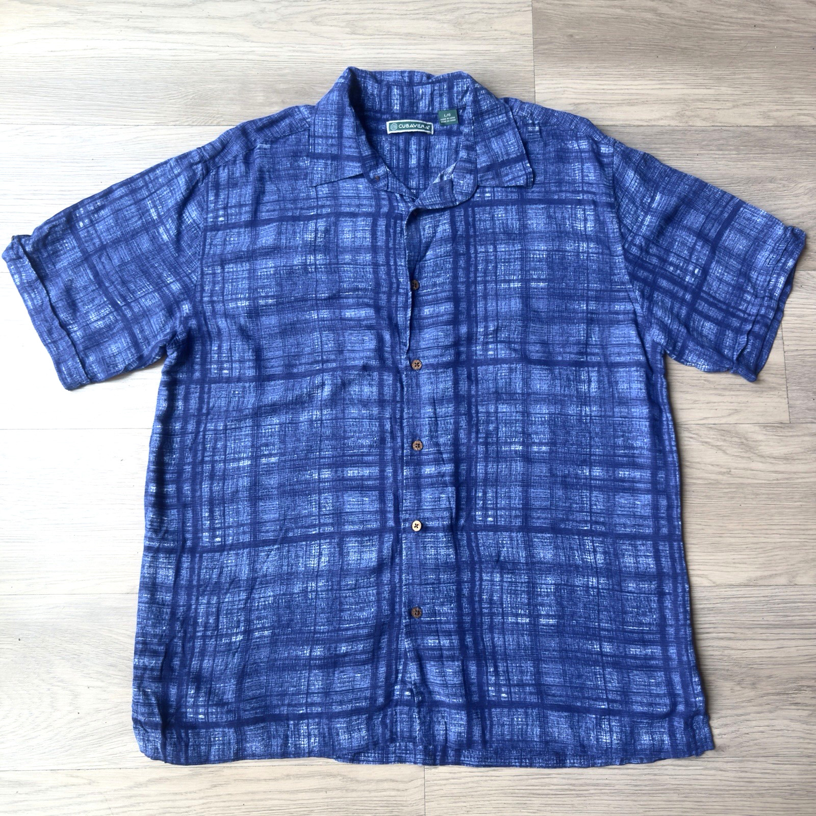 Cubavera Shirt Mens Size L Blue Plaid Checked Button Up Down Short Sleeve Summer