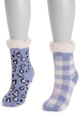 MUK LUKS Women's Cabin Cozy Socks 2 Pair Blue Leopard Plaid L/XL Shoe 8-10 Fur