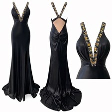 Y2K Prom Dress Maxi Black Rhinestones Sz 8 Halter Ruched Stretch Bodycon Shinny