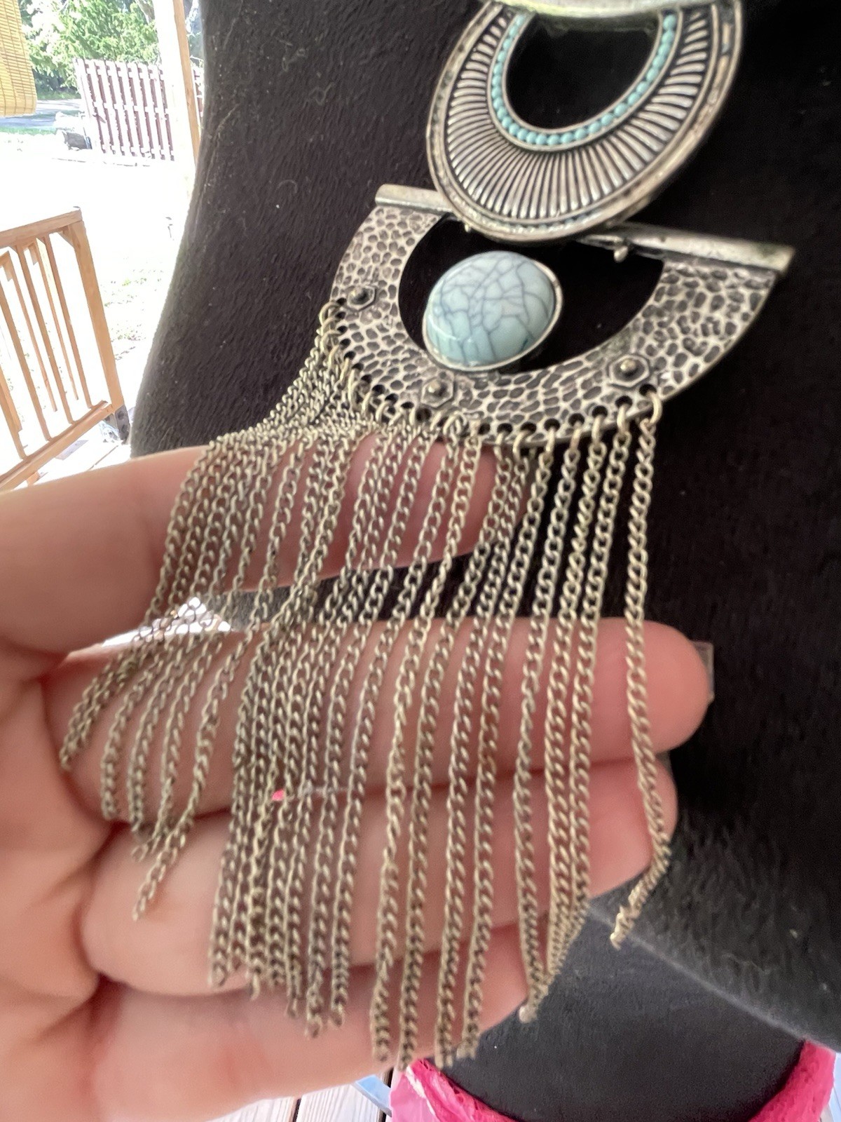 Silvertone statement necklace bold chains turquoi… - image 6