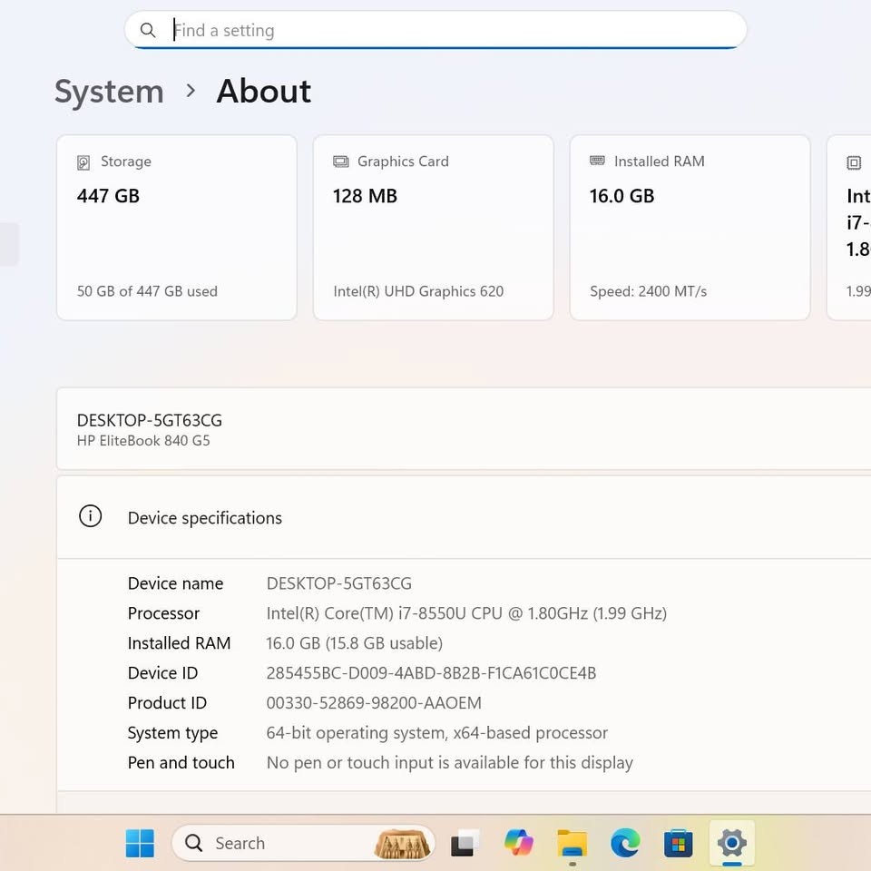HP EliteBook 840 G5, 14-Inch Laptop, with Intel Core i7-8550U, 512 GB NVMe (Non-Volatile Memory Express), Windows 11 Pro