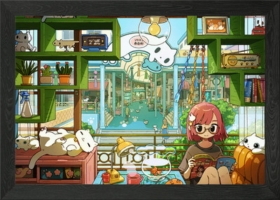 Gemütliches Anime Zimmer mit Katzen und Mädchen gerahmtes Wandbild Poster Leinwanddruck Bild