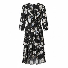 Alice + Olivia Floral Ruffle High-Low Midi Dress Black White CC710P04502 Size XS