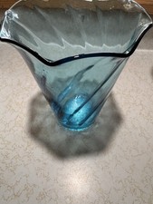 Vintage Aqua Blue Art Glass Vase 10  Optic Swirl Ruffled Rim Mid Century Modern