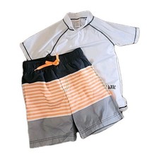 Gymboree Boys Size 8 Beach Outfit Shirt Swim Shorts Orange Black Gray White