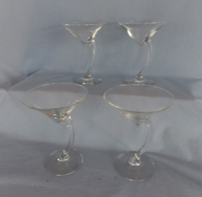 4 Libby Barvura Curved Stem MARTINI GLASS SET decorative bar glassware 6¼'' tall