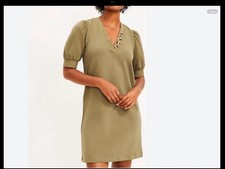NWT Loft Olive Green Mixed Media V-Neck Button Accents Shift Dress Size Small