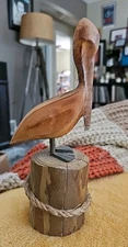 Wood Carved Pelican Perched Wood Base Nautical Rope 9" Vintage Beach House