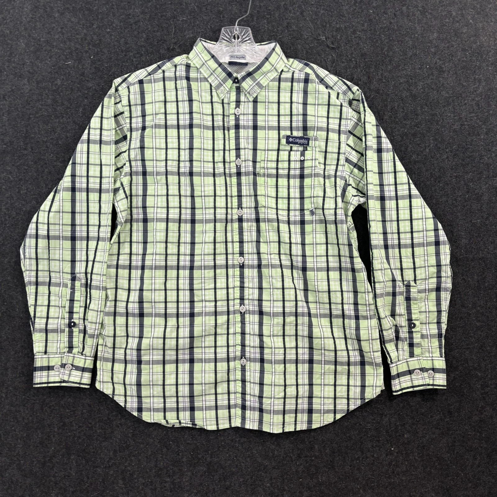 Columbia PFG Shirt Men's Medium Green Plaid Vented Fishing Pocket Outdoor Hiking