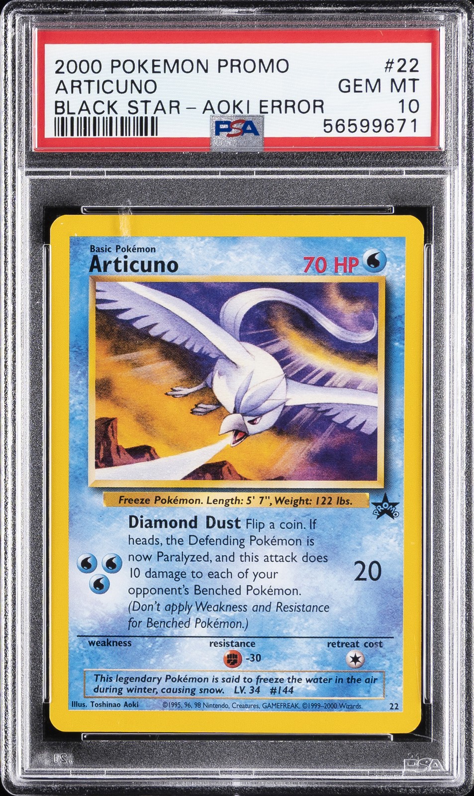 2000 POKEMON PROMO BLACK STAR TOSHINAO AOKI ERR #22 ARTICUNO PSA 10