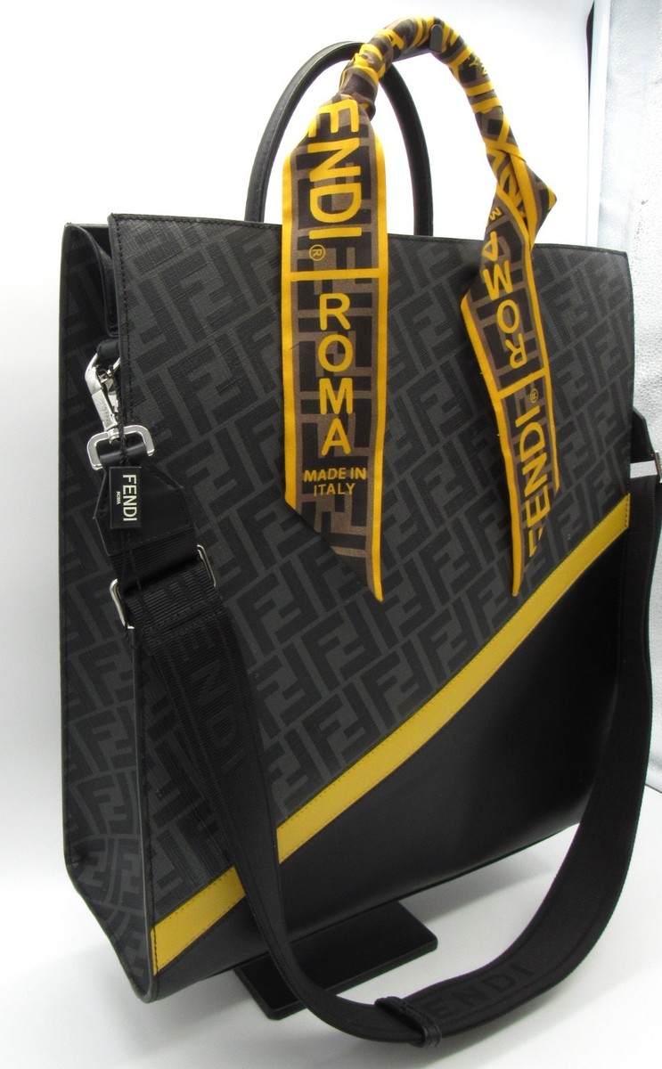 Fendi Diagonal Zucca Tote LargeShopper Bag 7VA578 Black & Yellow