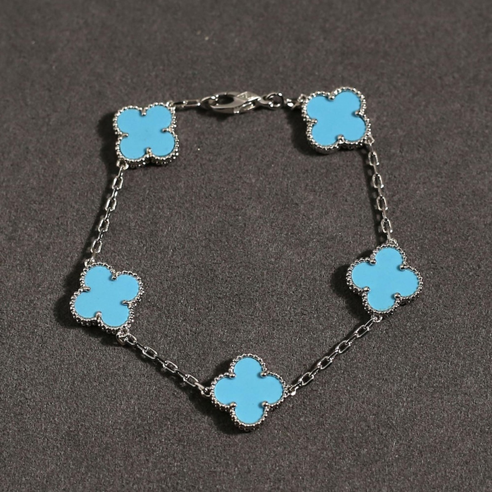 Vintage Alhambra Bracelet 18K White Gold Turquoise Clover 5 Motifs VC Arpels