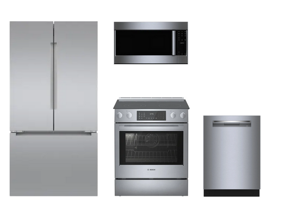 Bosch 36-Inch Stainless Steel Kitchen Appliance Bundle with Refrigerator Microwave Range and Dishwasher-image