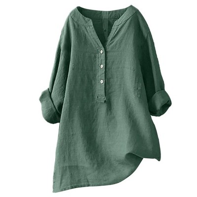 Damen Leinenhemd V Ausschnitt Bluse Leicht Bequem Sommer Freizeit Shirt Tops