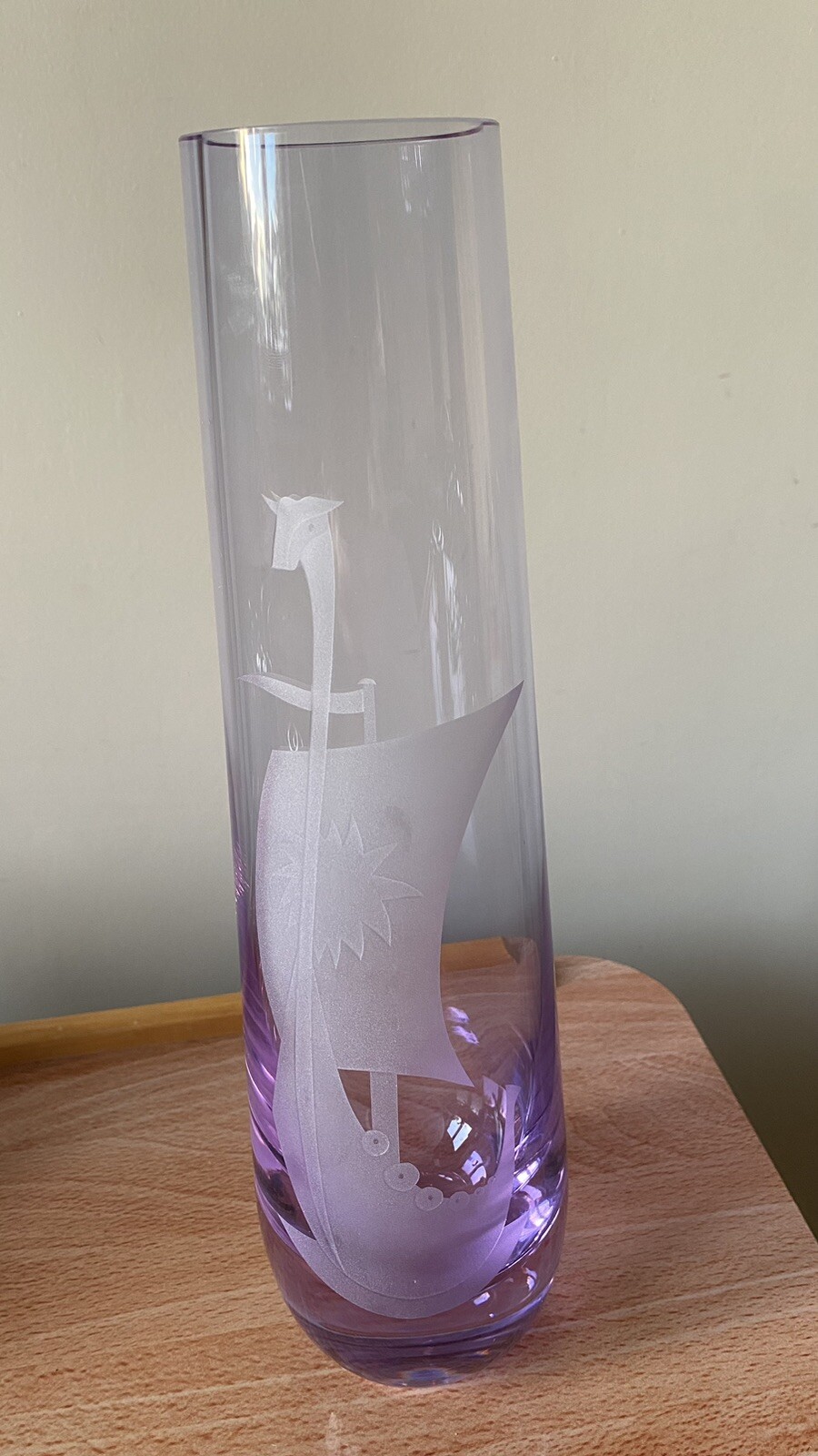 Vintage Caithness Purple glass vase etched & Engraved with Viking long