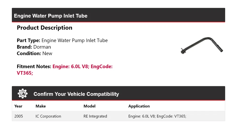 Tubo de entrada de bomba de agua con motor Dorman integrado IC Corporation RE 2005 Foto 2 de 4