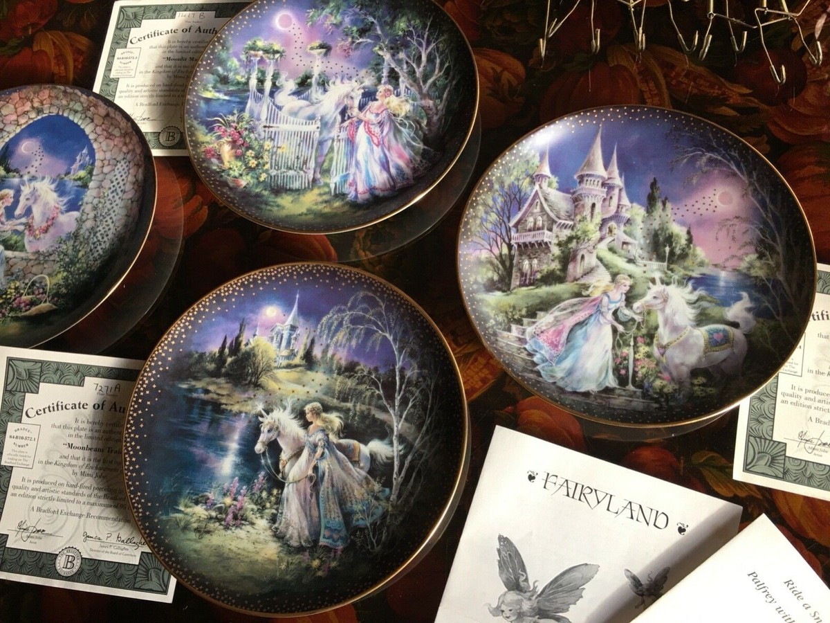 The Bradford Exchange Collec. unicorn & Fairy plates lot w/Storage