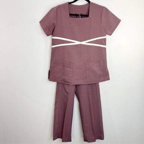 Vintage 60s 70s mauve polyester short sleeve straight leg pant suit set - Picture 2 of 15