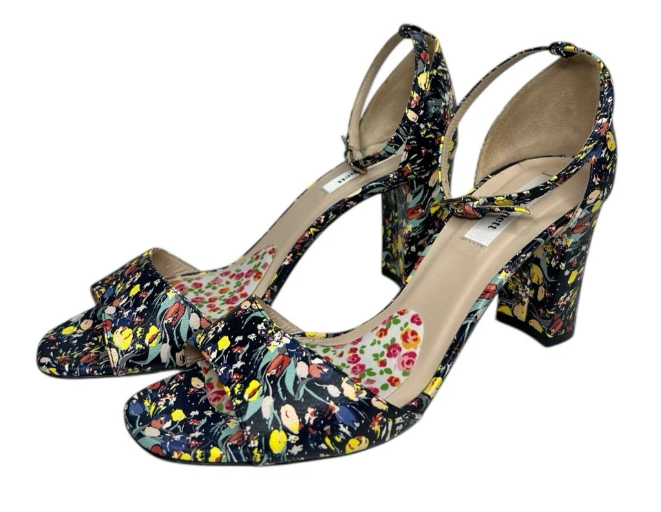 LK Bennett Tacones Zapatos Mujer EU 37/US 7 Bloques Correa Tobillo Punta Abierta Floral Italia Foto 2 de 4