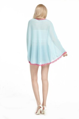 Beach Top Short Cover up Dress in Turquoise Pink Pom-Poms Tassels Trim |  eBay
