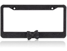 Black 7 Rows Bling Diamond Crystal License Plate Frame With Black Bow Tie