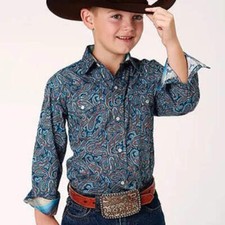 New! Roper Youth boys Blue & brown CANYON PAISLEY WESTERN SHIRT Size S M L XL